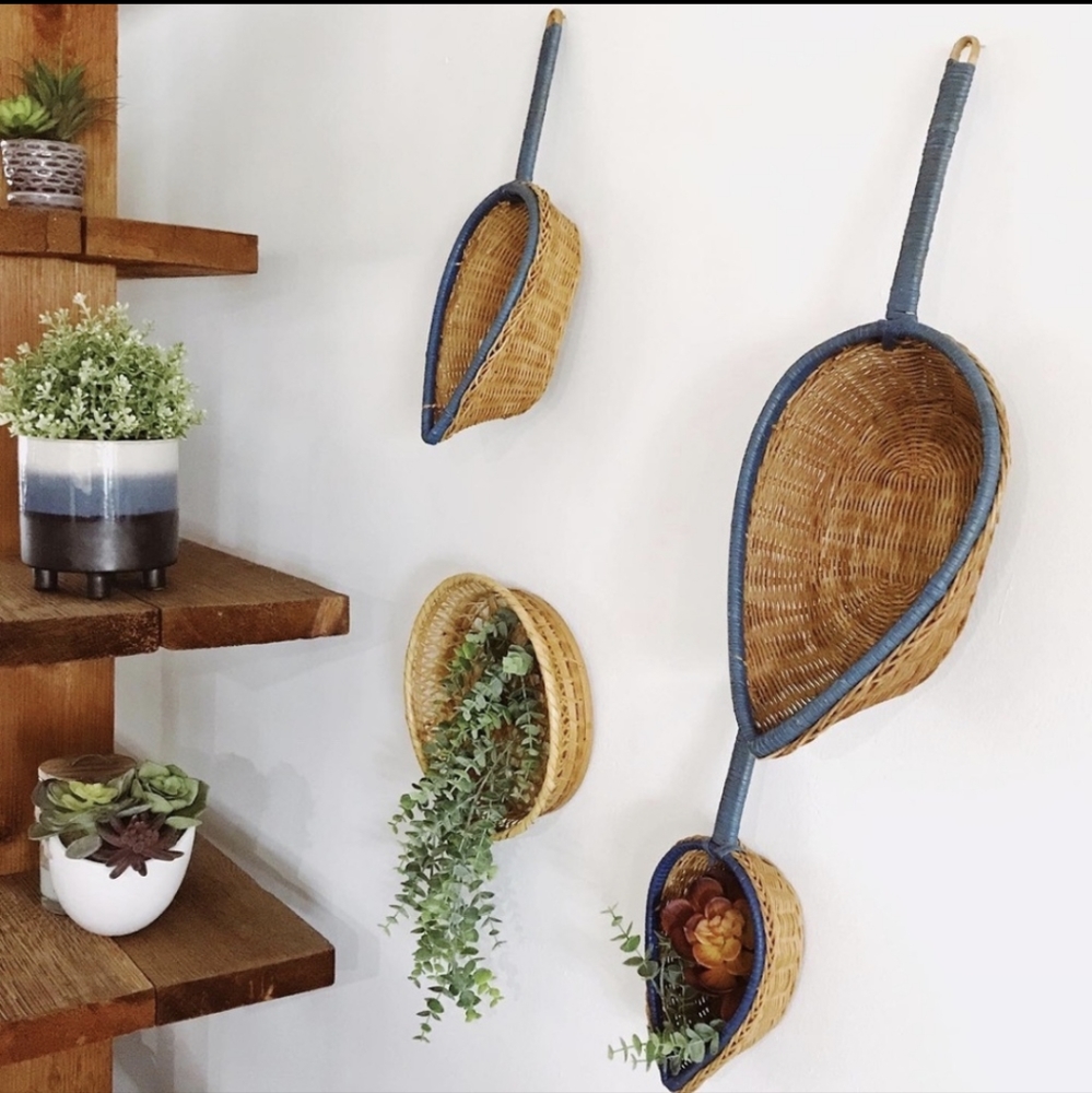 Vintage Nesting Wicker Scoop Baskets with Handle